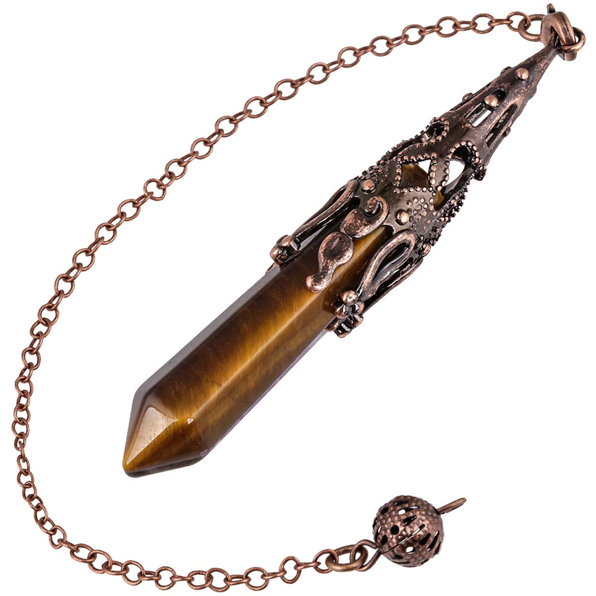 Nupuyai Vintage Tiger's Eye Crystal Point Dowsing Pendulum for Healing Divination Scrying, Hexagonal Gemstone Pendant Pendulum with Chain