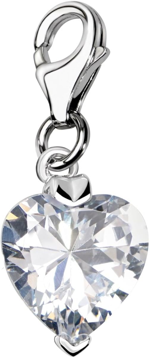 Quiges Crystal White Heart Cubic Zirconia Clip On Charm Pendant Silver Plated Women's Jewellery, 0.6 x 1.1 x 3 cm
