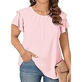 Beautife Womens Plus Size Flutter Sleeve Blouse Summer Crew Neck Pleated Tshirts Dressy Casual Loose Fit Tunic Tops