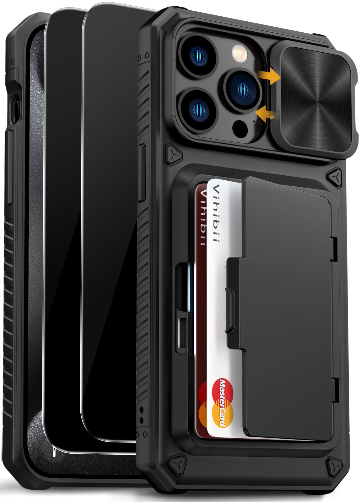 Vihibii for iPhone 15 Pro Max Case with Card Holder (4 Cards), Built-in 2X Privacy Screen Protector & Slide Camera Cover & Kickstand, Military Grade Drop Protection, Rugged Wallet Case, Black Image