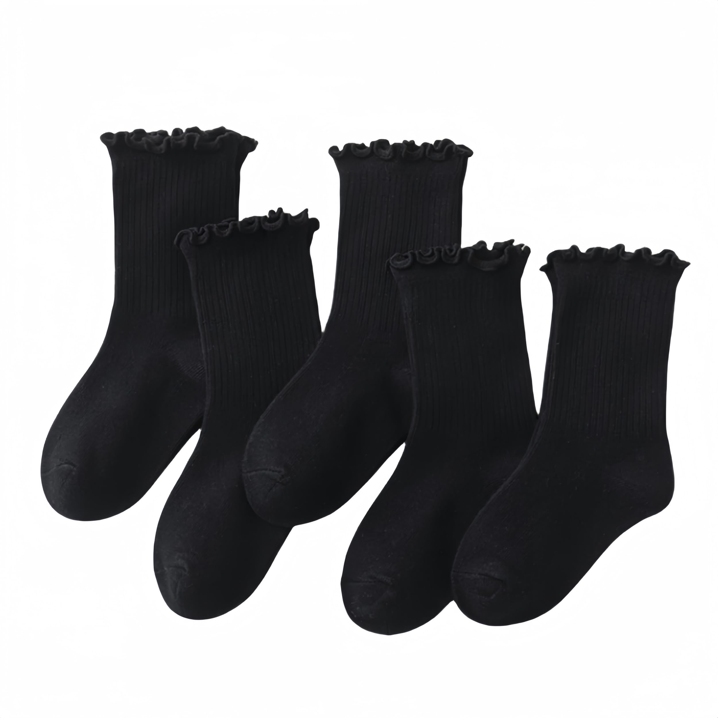 Photo 1 of JUNOAI Baby Toddler Girls Ruffle Socks & Women’s Frilly Turn-Cuff Cotton Crew - Breathable Casual Dress 5 Pack (US, Age, 6 Years, 8 Years, Black)