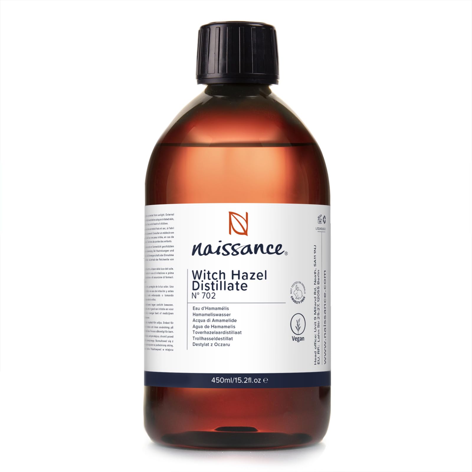 Naissance Distilled Witch Hazel (No. 702) - 450ml - Non-Alcoholic, Pure, Natural - Cleansing & Toning - for Aromatherapy, Skincare and DIY Beauty