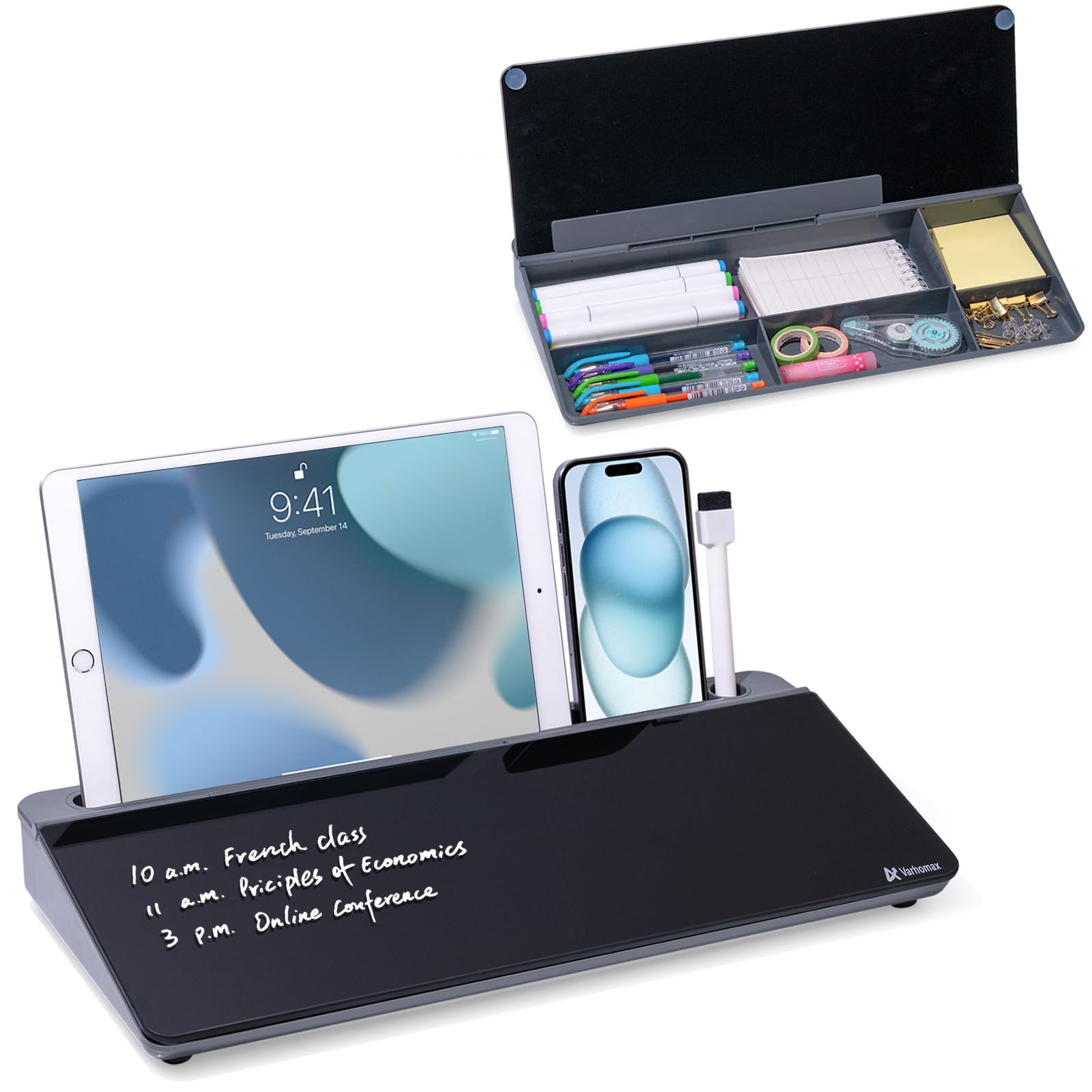 Varhomax Glass Desk Whiteboard with Storage, Desktop Dry Erase White Board to-do List Memo Keyboard Stand Desk Organizers for Home Office and School Supplies