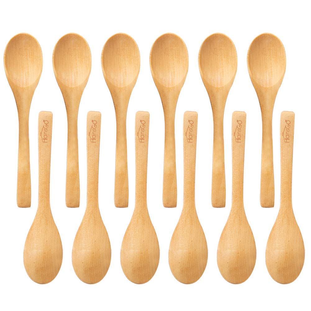 HansGo Small Wooden Spoons, 12PCS Small Soup Spoons Serving Spoons Wooden Teaspoon for Coffee Tea Jam Bath Salts