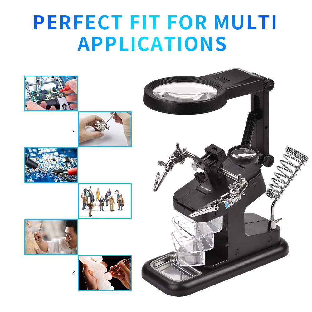 Gocheer Lupa de soldadura multifuncional 3X / 4,5X / 25X Lupa de manos con ayuda de luz LED con pinza y pinzas de cocodrilo-Lupa para soldadura, ensamblaje, reparación y modelado，lupa lectura