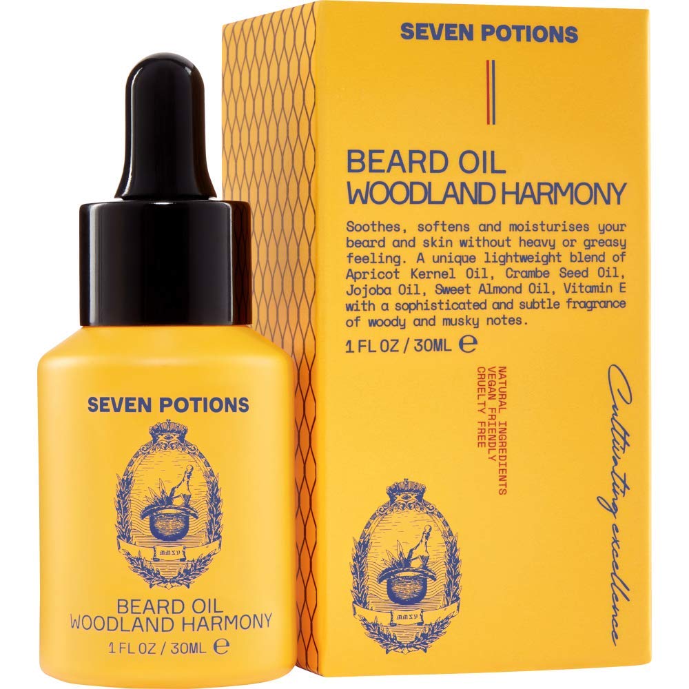 SEVEN POTIONS Natural Beard Oil for Men 1 FL OZ / 30ml — Woodsy Scented Beard Softener & Conditioner — Vegan Conditioning Oil That Helps Prevent Itch & Dandruff (Woodland Harmony)