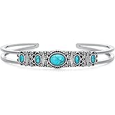 BETHZA Genuine Turquoise Bracelet Bangle 925 Sterling Silver Turquoise Gemstones Boho Vintage Southwest Style Bracelet for Women Adjustable Bangle Cuff Jewelry for Birthday