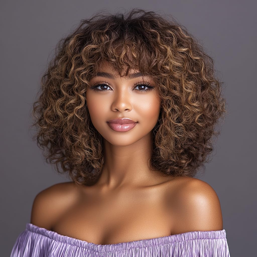 Fashion Idol Short Curly Human-Hair Wigs with Bangs 10Inch Jerry Curl Bob Brazilian Virgin Human Hair None Lace Front for Black Women Machine Made Black Wigs