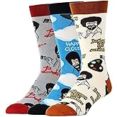 ooohyeah Men's Bob Ross Novelty Crew Socks Combo, Funny Crazy Fun Casual Dress Cotton Socks Set, Size 8-13