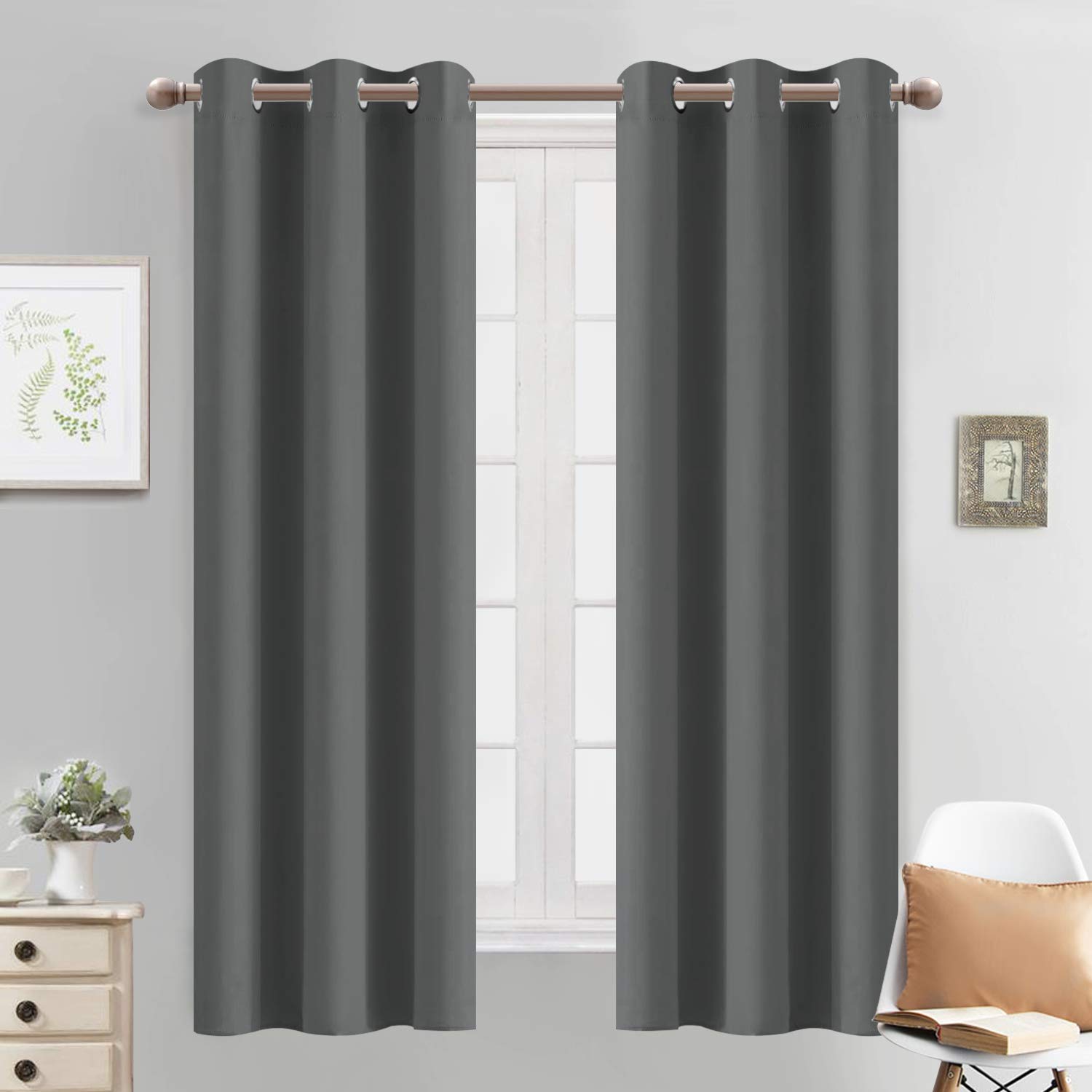 Yakamok Blackout Curtains for Bedroom - Grommet Thermal Insulated Room Darkening Curtains for Living Room, Set of 2 Panels (38W x 63L, Dark Grey)