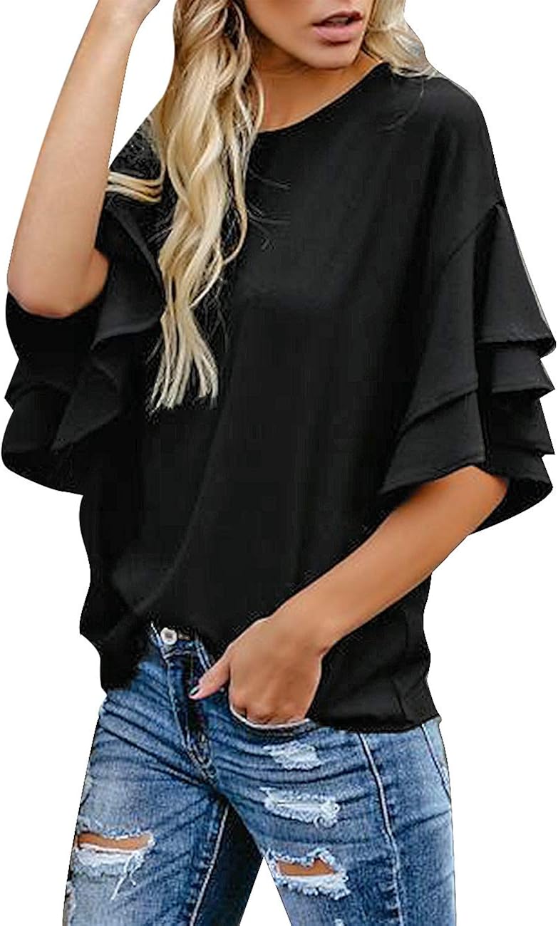 luvamia Women's Casual 3/4 Tiered Bell Sleeve Crewneck Loose Tops Blouses Shirt at  Women’s Clothing store