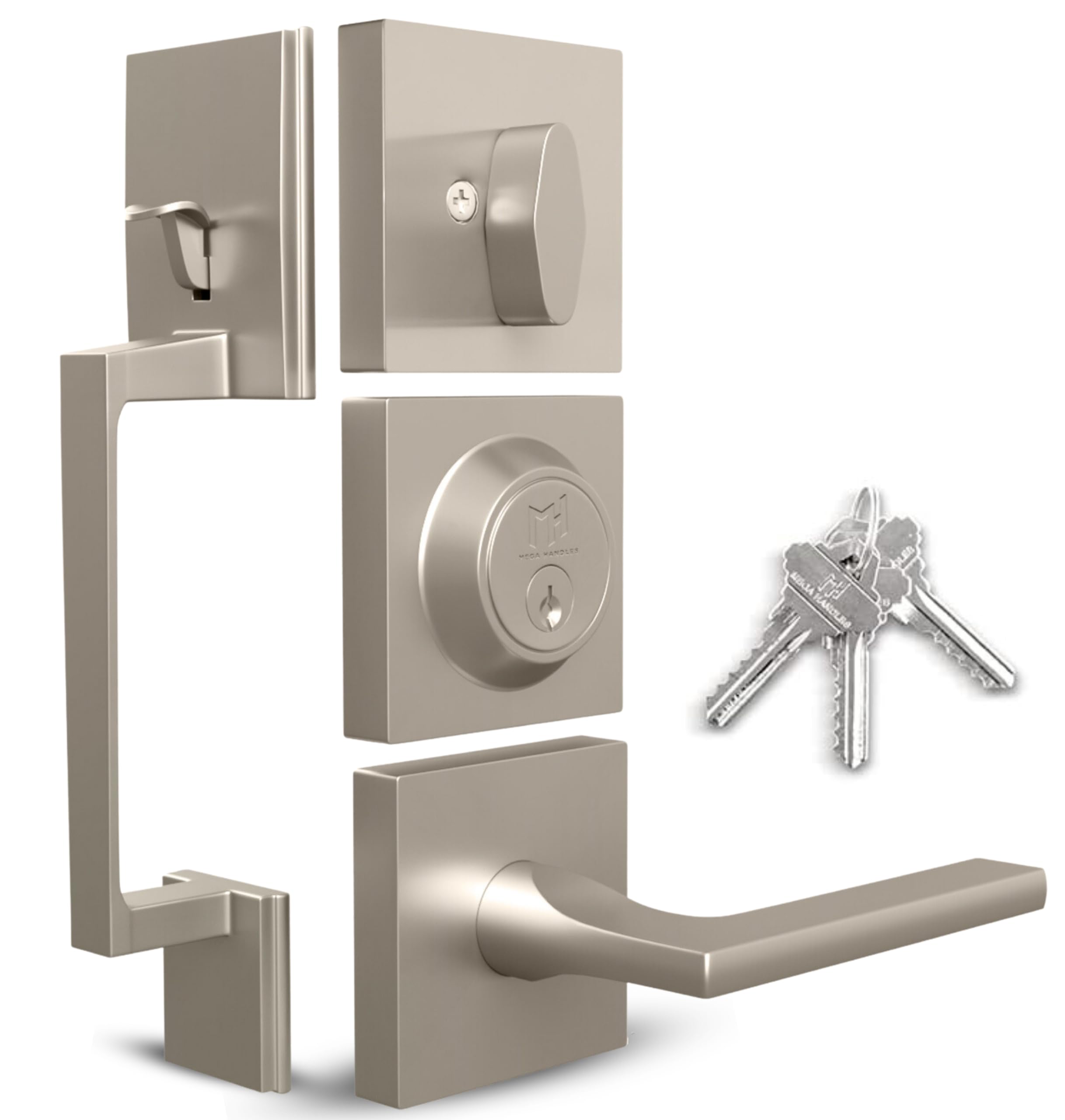 Photo 1 of Mega Handles - TOBELLE Silver Entry Door Handleset - Single Cylinder Handleset with Lever for Entrance and Front Doors - Modern Door Handles for Left and Right-Handed Doors - Straight Handle