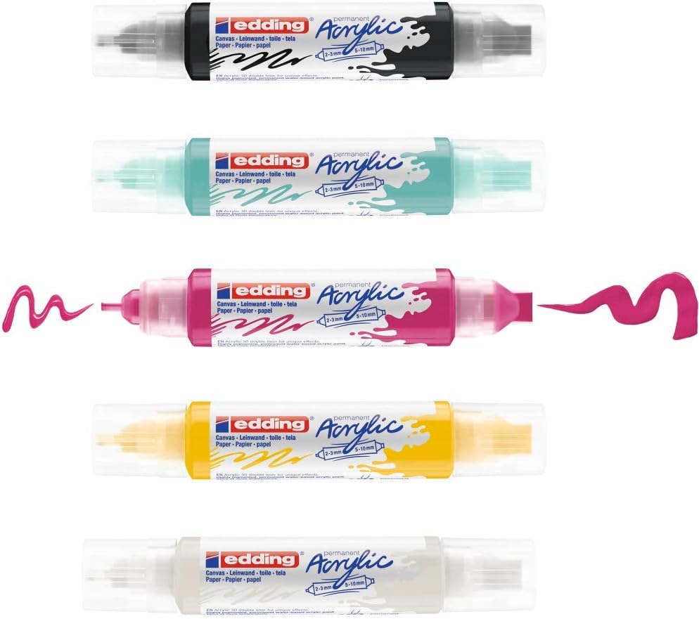 edding 5400 acrylic 3D double liner, black white yellow pink turquoise, acrylic paint Set including 5 tubes (basic)