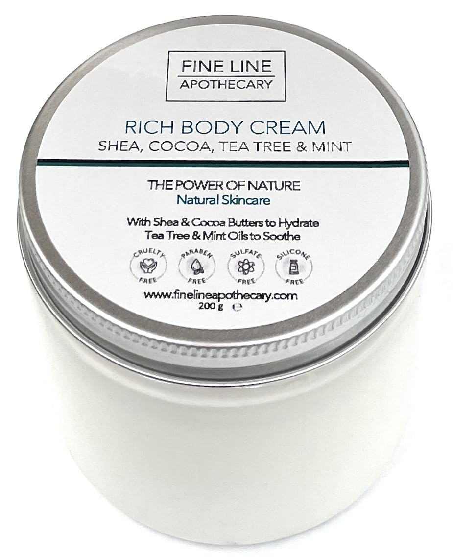 Fine Line Apothecary Soothing Body Butter Cream – 99% Natural – Shea, Tea Tree & Mint – pH 5.5 for Sensitive & Reactive Skin – 200g
