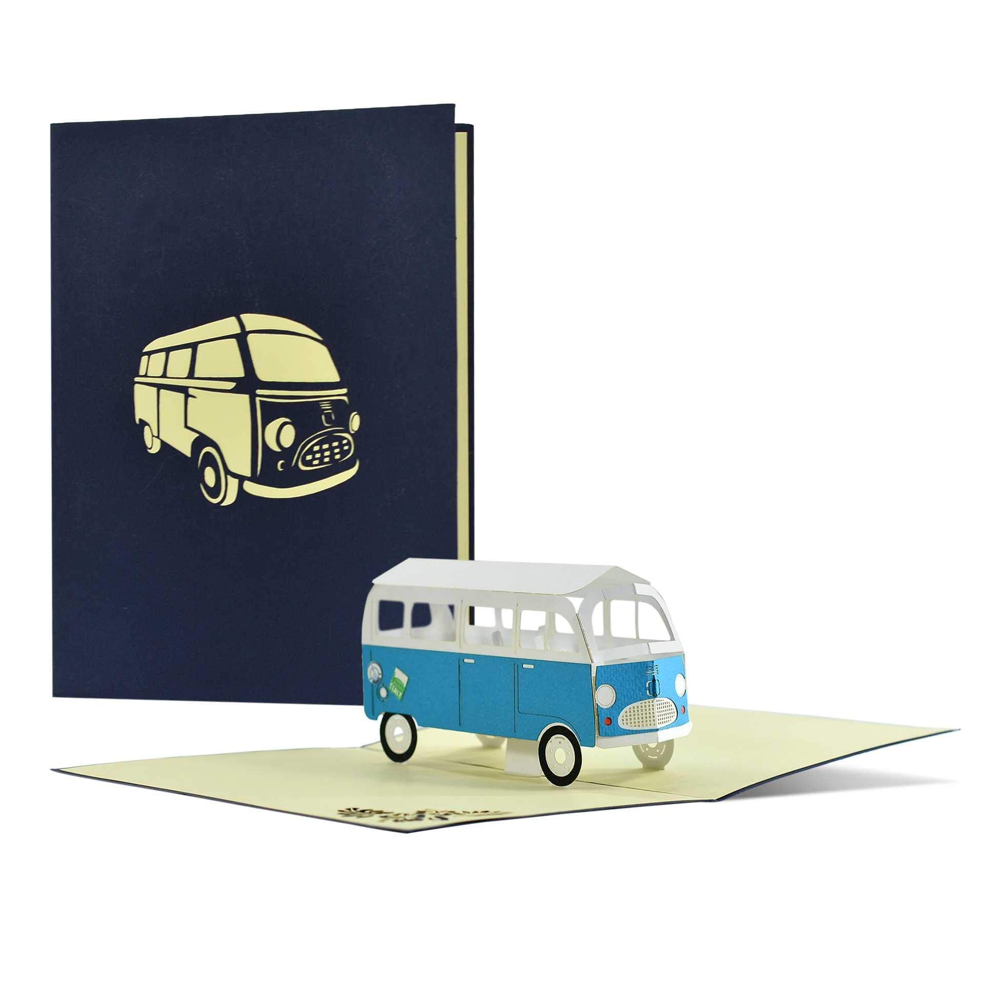 Congratulations Card with Bus I Birthday Card or Travel Voucher I give a Short Trip, City Trip, Weekend or Camping Trip I 3D Pop Up Camper Van, H24