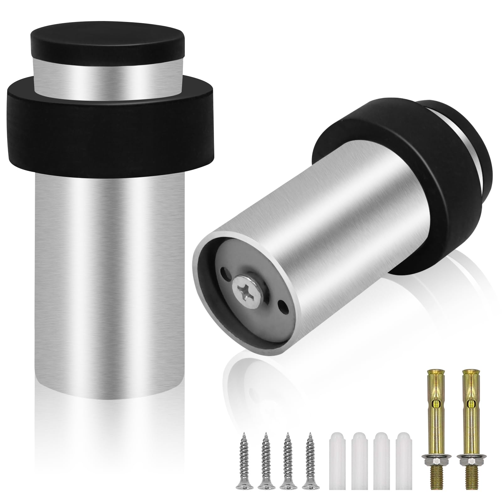 Door Stop, 105mm Door Stoppers for Floor, 2 Pack Stainless Steel Door Stops with Rubber Bumper, Wall Mounted Heavy Duty Doorstop, Door Holder for Home Office Commercial, Silver