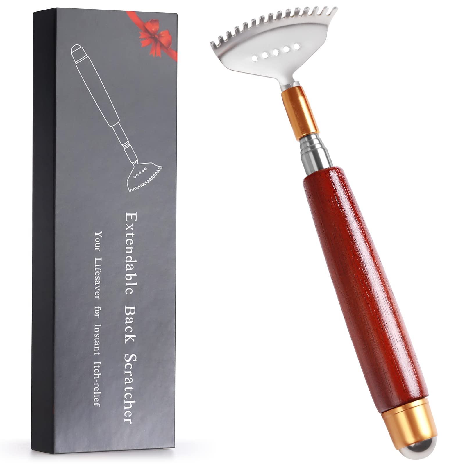 Aznrszy Back Scratcher, Best Back Scratcher for Women Men Adults Extendable with Massage Bead, Solid Wood Handle and Upgraded Widen 304 Stainless Steel Claw, Handheld Massager for Face Neck Foot