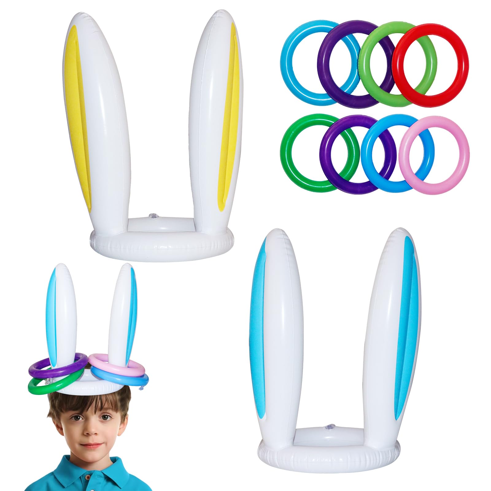 2 Sets Inflatable Bunny Rabbit Ears Hat Rings Toss Game Toys, Inflatable Ring Toss Target Games & Toys Fun for Kids, Adults and Family Indoor and Outdoor Party Favorites