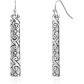 Watforsh Sterling Silver Dangle Earrings for Women Shaped Chunky Bar with Carved Black and Silver Earrings Boho Long Drop Statement Western Jewelry