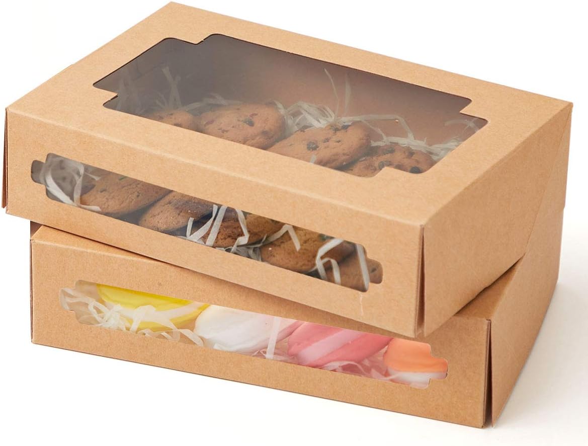 Yotruth 8x5.3x2" Pastry and Cookie Gift Box Bakery Craft Brown Treat Box Pop-up Easy Assembly With Clear Display Window 50 Pack