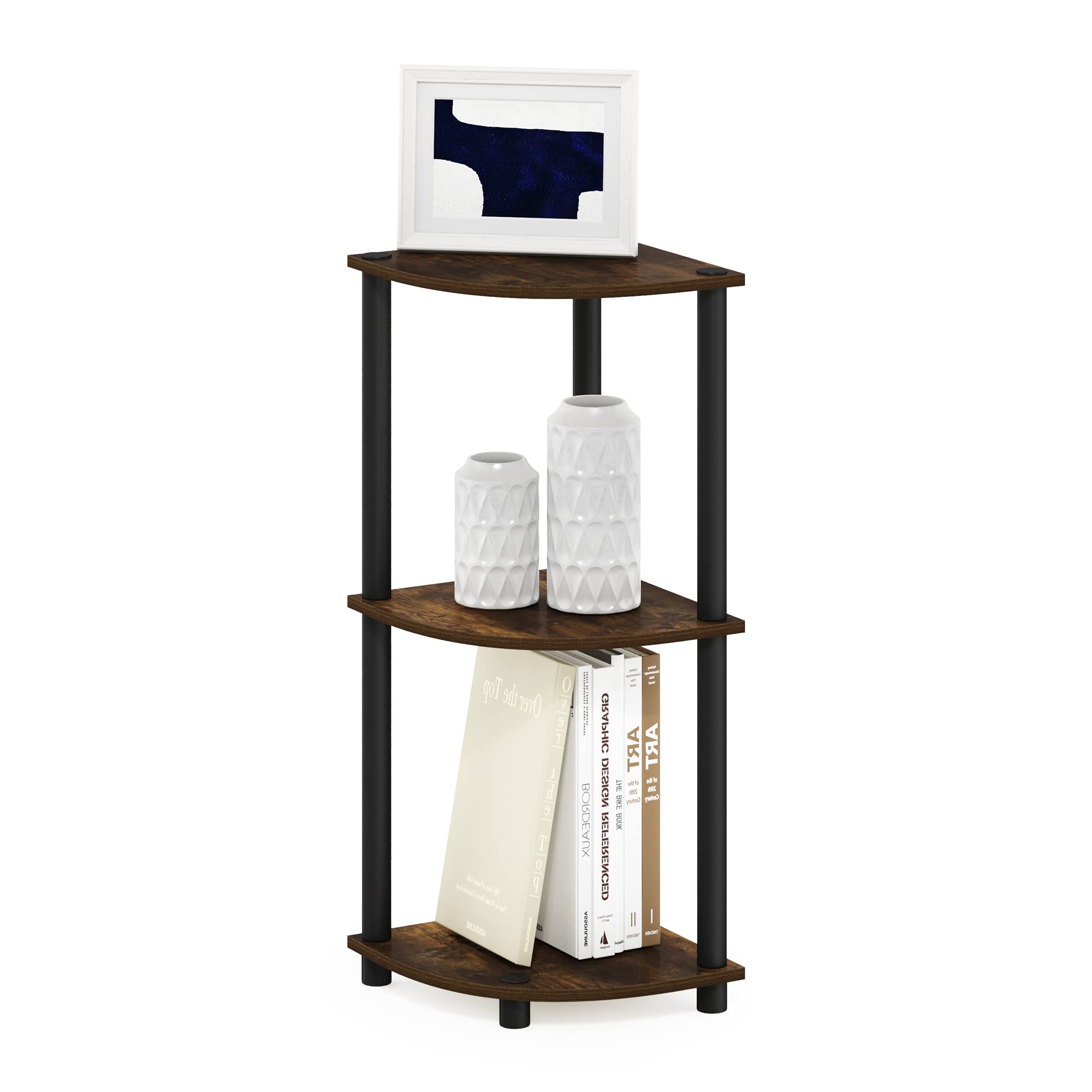 Furinno TURN-N-TUBE Corner Shelf, 3-Tier Corner Bookshelf, Display Storage Shelves with Open Shelves, for Organization and Storage, Living Room, Home Office, Garage, Amber Pine