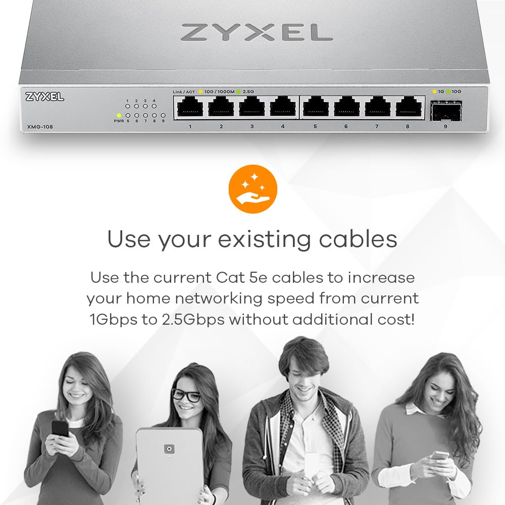 Zyxel Netzwerk Switch 8 Port | Unmanaged Multi Gigabit LAN Splitter | 8X 2.5 Gbit + 1x 10Gb SFP+ Ports | Lüfterlos Design | Plug and Play Einfach Installation | Desktop oder Wand Montage | XMG-108 5