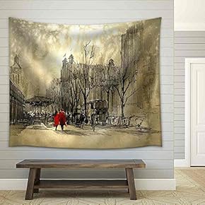 Couple in Red Walking on Street of City,Freehand Sketch - Fabric Wall Tapestry Home Decor - 51x60 inches