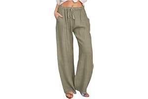 Women's Cotton Linen Pants Summer Wide Leg Casual Loose Drawstring High Waist Palazzo Pants with Pocket