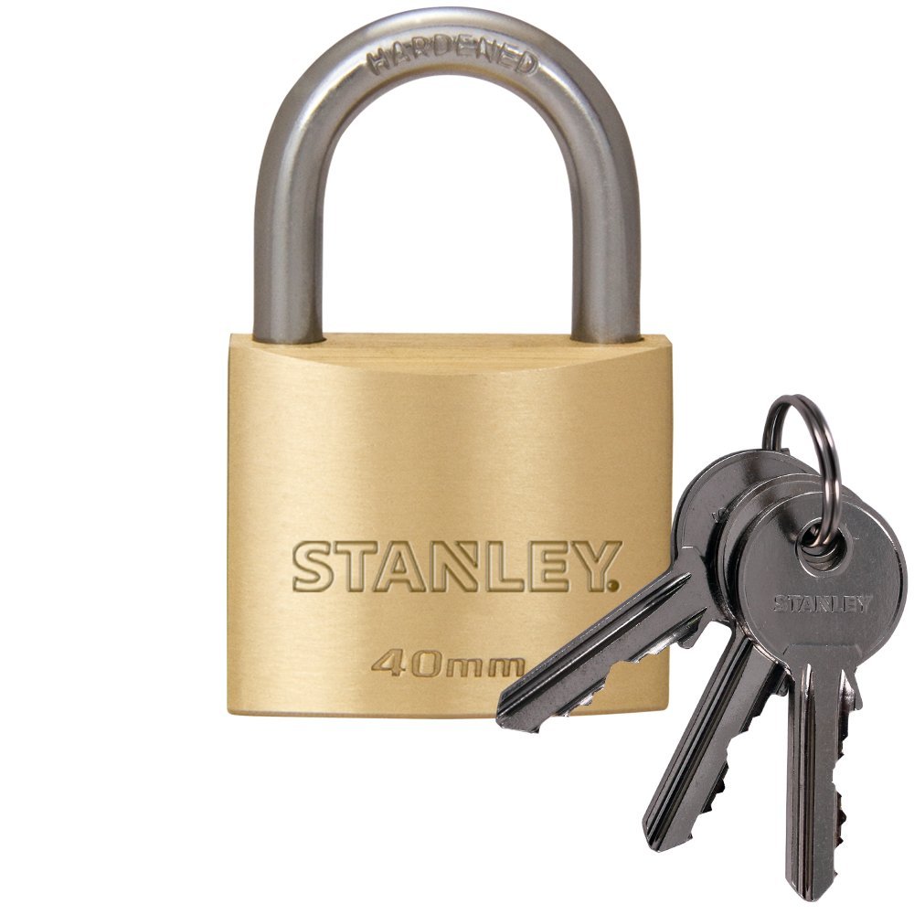Stanley 40 mm 3 Keys Solid Brass Padlock Standard Shackle Gold, 81103 371 401