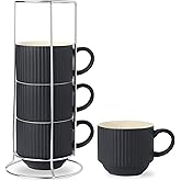 HASENSE Coffee Mug Ceramic Set of 4 with Stand - 15 oz Stackable Large Porcelain Ribbed Latte Cup Set for Cappuccino, Tea, Hot Cocoa, Drinks - Dishwasher & Microwave Safe, Black