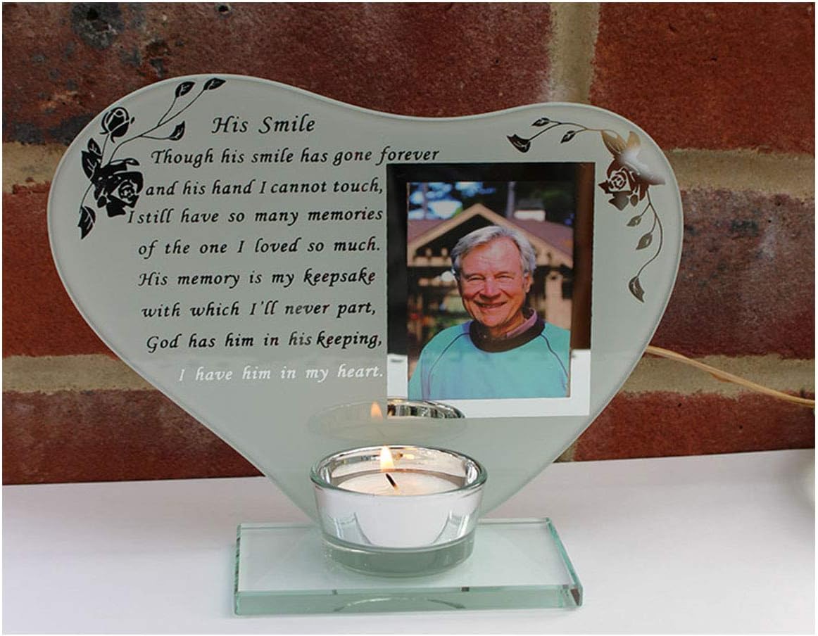 His smile Inspirational poem, candle and photo holder glass memorial