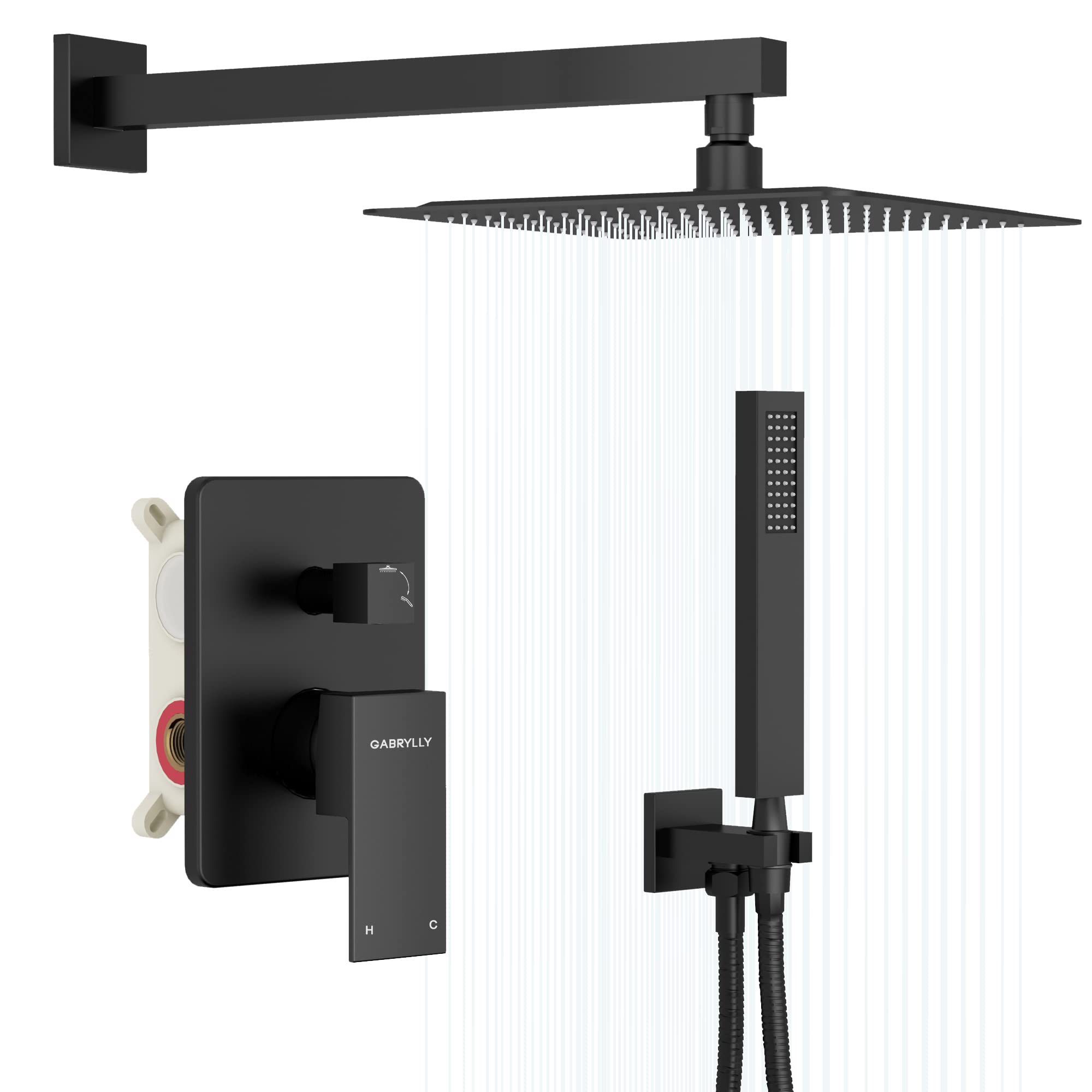 Sarlai Matte Black Rainfall Shower System - 10 Inch Shower Head With Handheld Combo & Valve