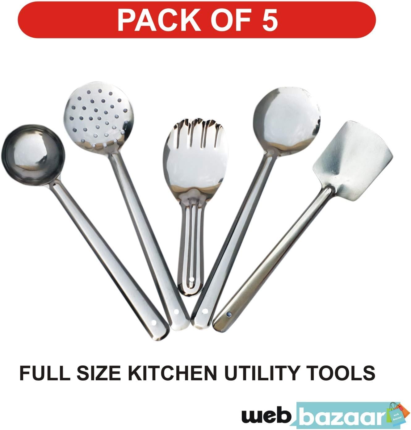 WEB BAZAAR Stainless Steel Cooking and Serving Spoon Ladle, 13 Inch, Silver -Set 5 Pieces