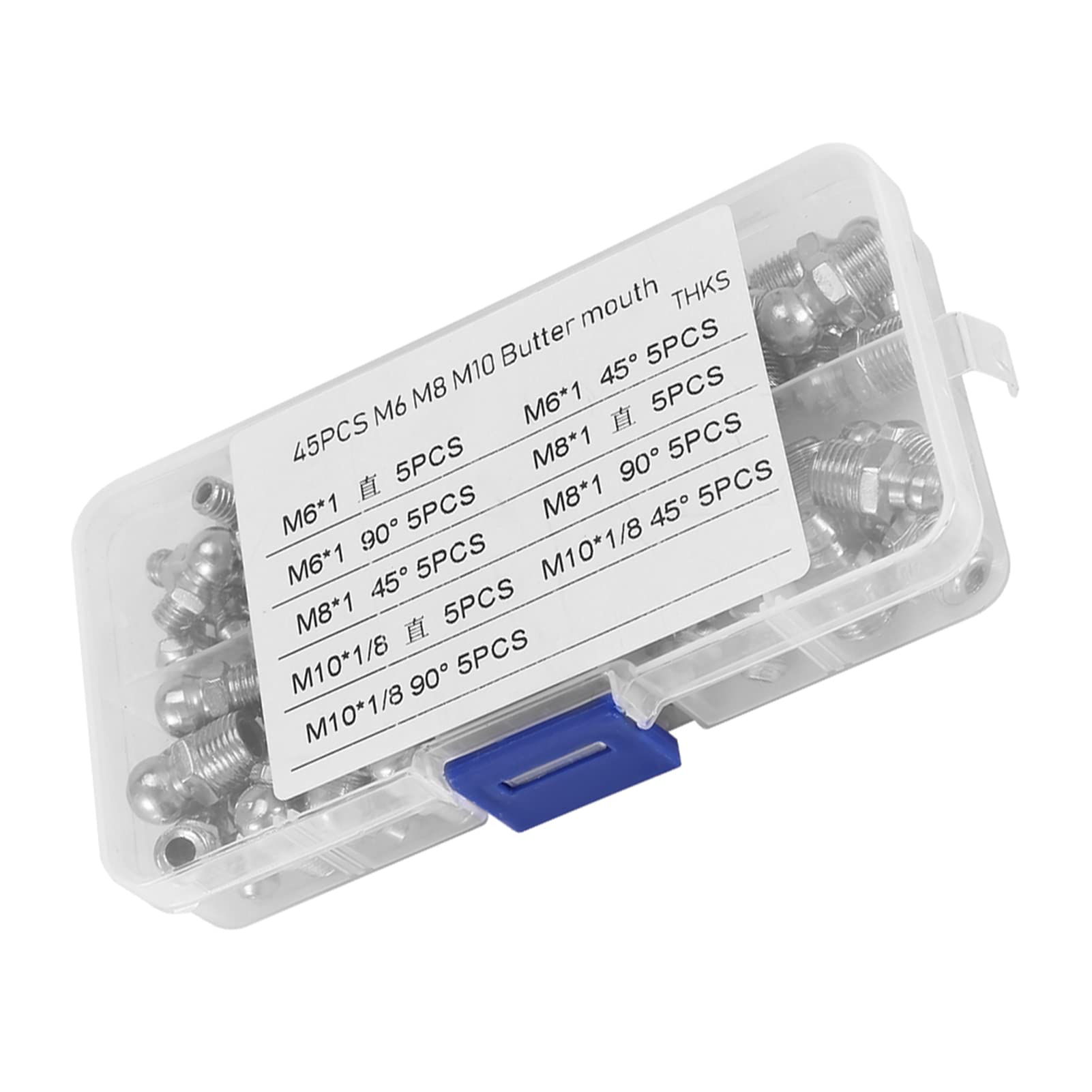 Grease Nipple Fitting Kit, 45 Pieces, M6/M8/M10 Iron Nickel Plated, Straight/90°/45° Zerk Fittings