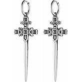 HZMAN Sword/Cross/Awl Spike Dangle Earrings for Men Women Gothic Punk Stainless Steel Hinged Huggie Hoop Earring Jewelry Gift