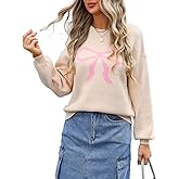 Sumleno Womens Fall Winter Casual Sweater Cute Bow Crewneck Long Sleeve Baggy Knit Sweatshirt Top Trendy Aesthetic Clothes