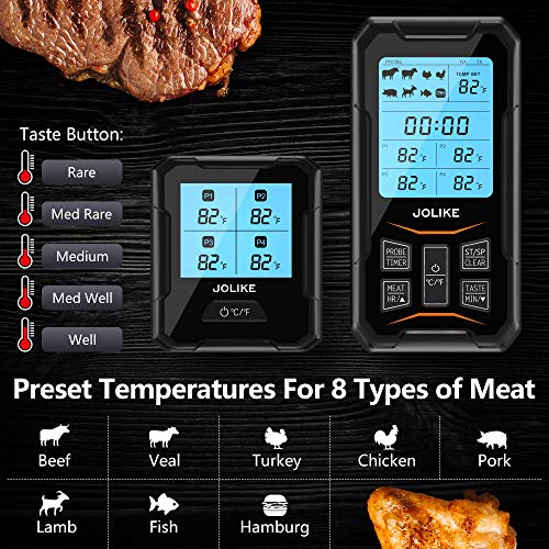 JOLIKE Wireless Meat Thermometer Oven Thermometer 328ft Remote Timer & 4 Probes for Smoker Grill Digital Meat Cooking Jam BBQ Kitchen Grilling, Free Waterproof Cloth Bag