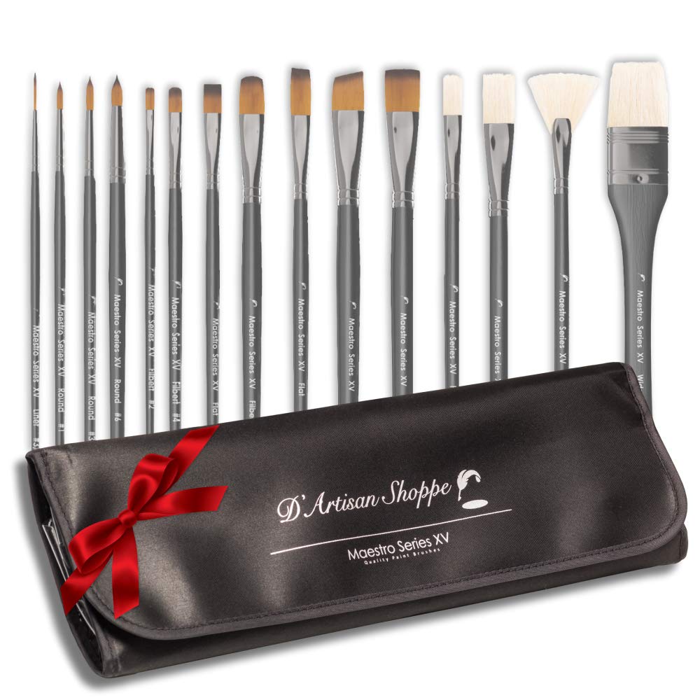 D'Artisan Shoppe 15 pc Paint Brush Set. Professional Artist Paint Brushes for Acrylic Watercolor