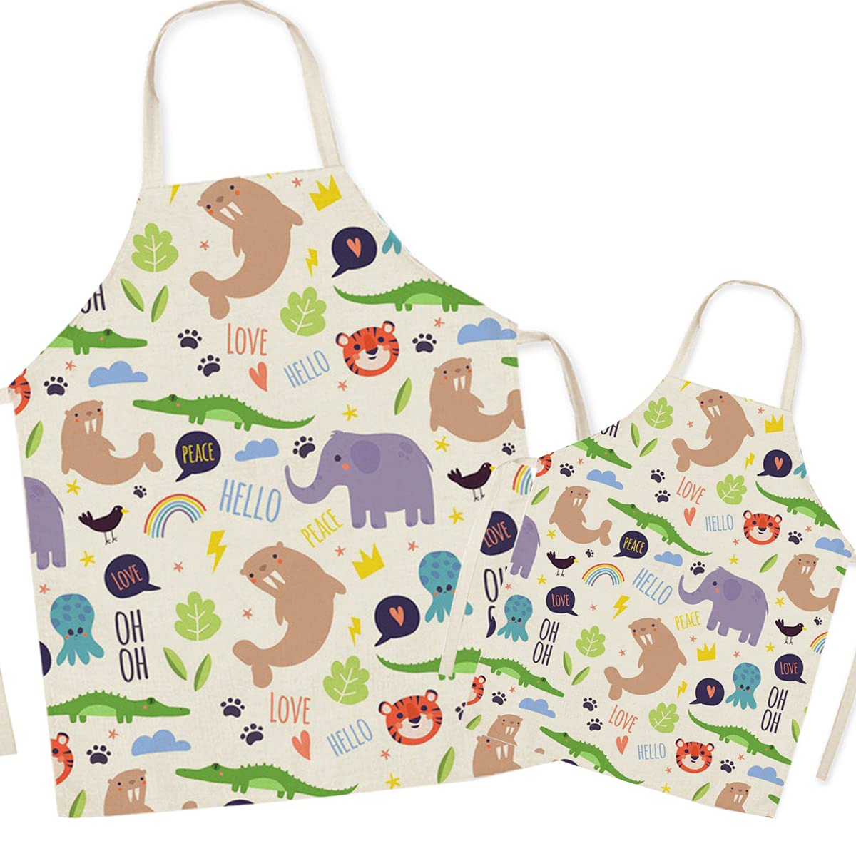 FOMAISELF Linen Parent and Child Cooking Apron - Cute Animals Pattern Mum and Kids Apron, Mummy Son Daughter Aprons for Cooking Baking Painting Party