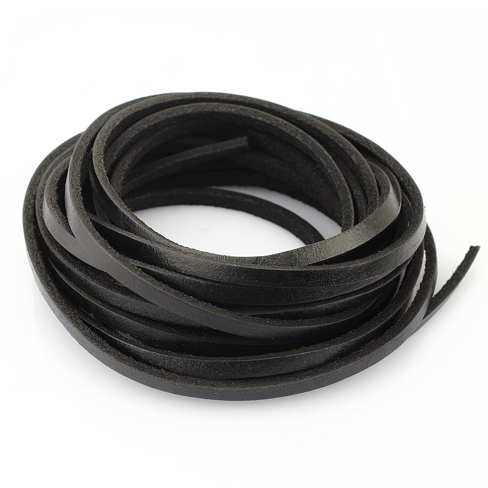 LolliBeads (TM) Heavy Duty Strong 4 mm Genuine Flat Leather Cord Braiding String for Jewelry Making Craft DIY Assorted Color Black 5 Meters (5+ Yards)