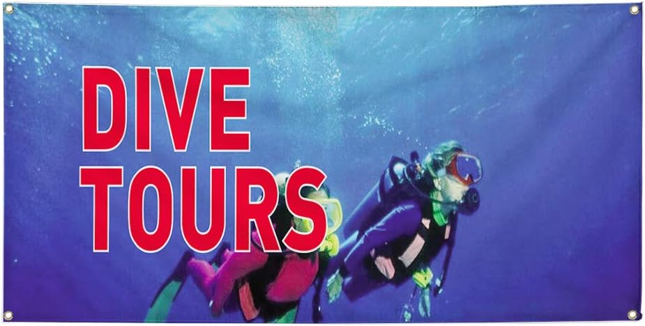 Vinyl Banner Multiple Sizes Dive Tours B Outdoor Advertising Printing Business Outdoor Weatherproof Industrial Yard Signs 4 Grommets 16x40Inches