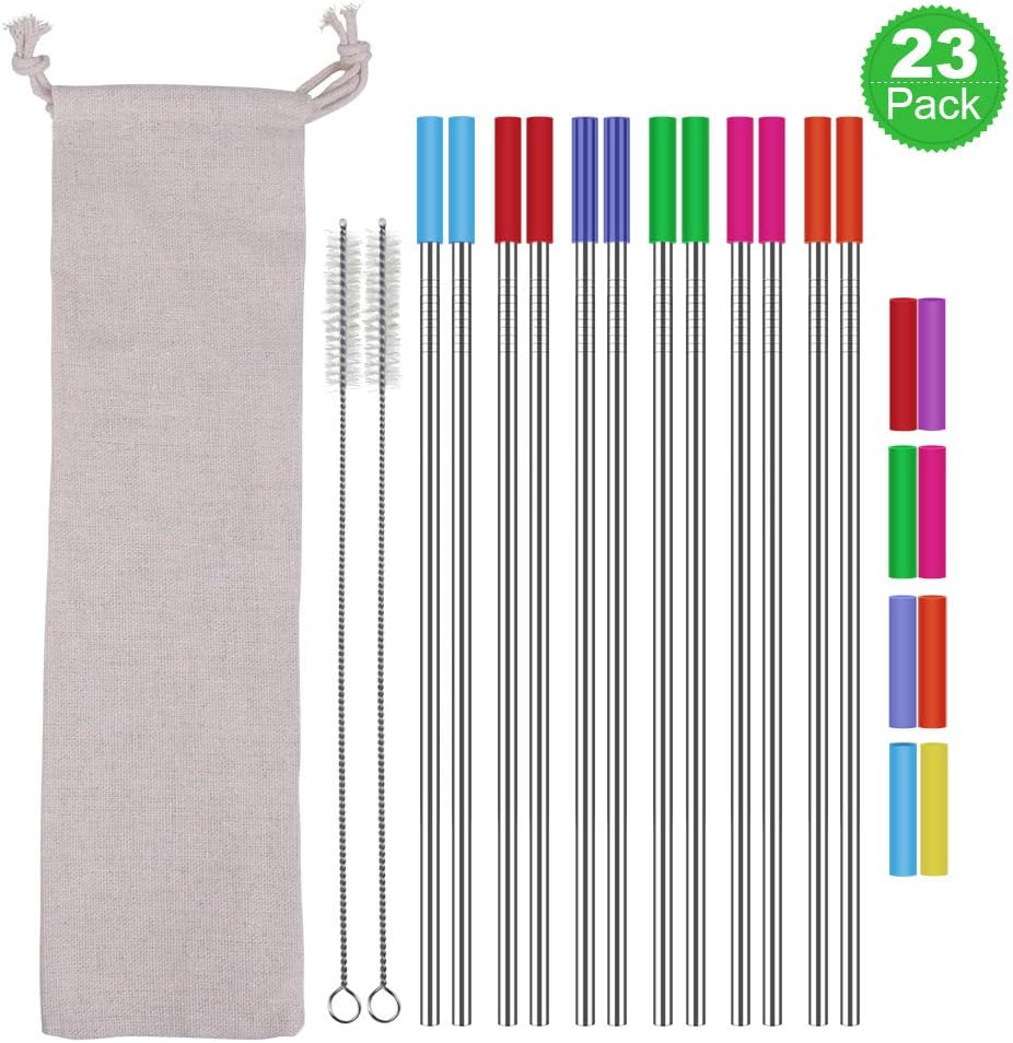 Stainless Steel Straws,Set of 12 10.5" FDA-Approved Reusable Drinking Straws for 30oz&20oz Tumblers Cups Mugs,Metal Straws with 20 Soft Food-Grade Silicone Tips,4 Cleaning Brushes(12 Straight)