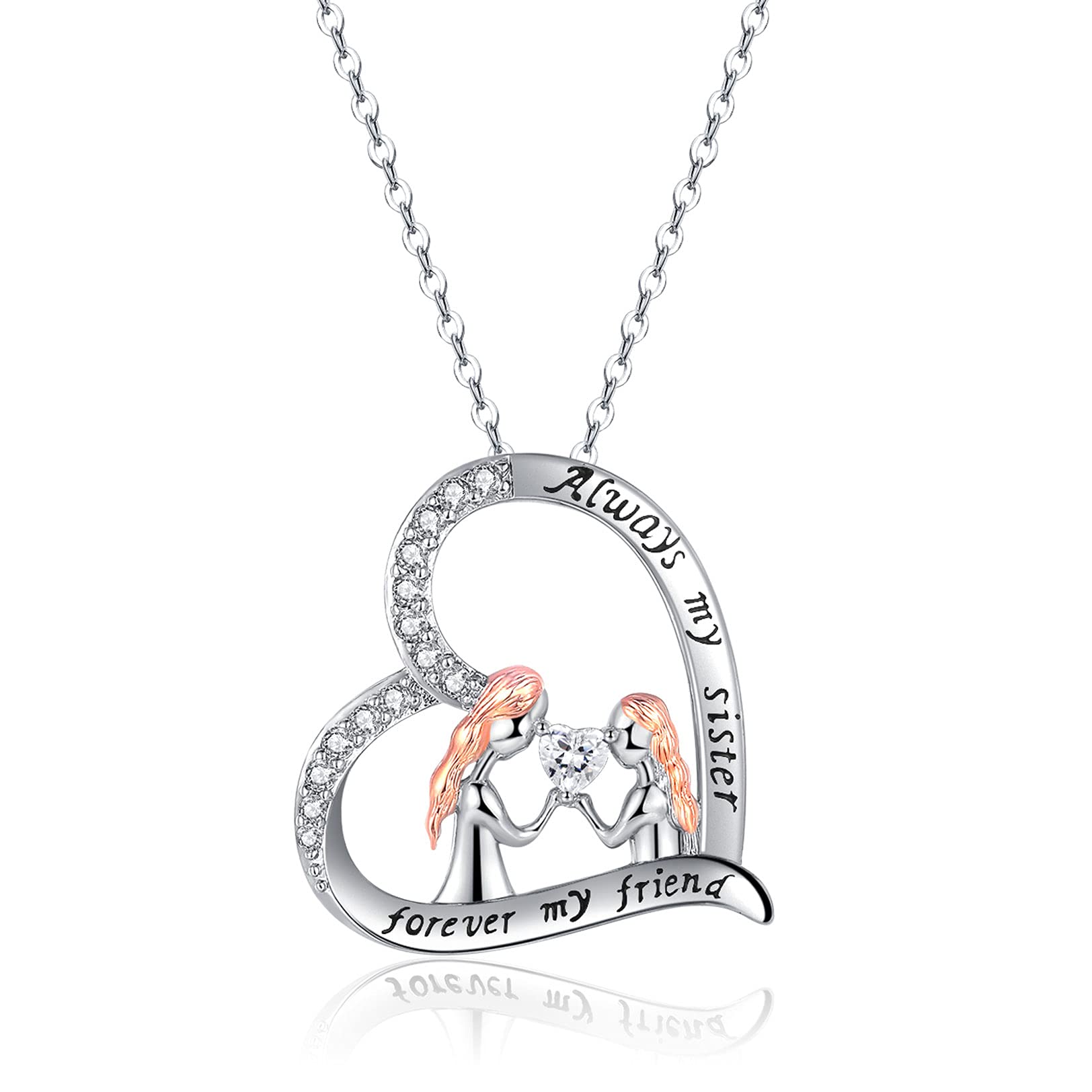 Sister Birthday Gifts for Her from Sister | 925 Sterling Silver Heart Cubic Zirconia CZ Sister Necklaces | Big Little Sis Friendship Graduation Gifts Jewellery for Daughter Women Girls Friends