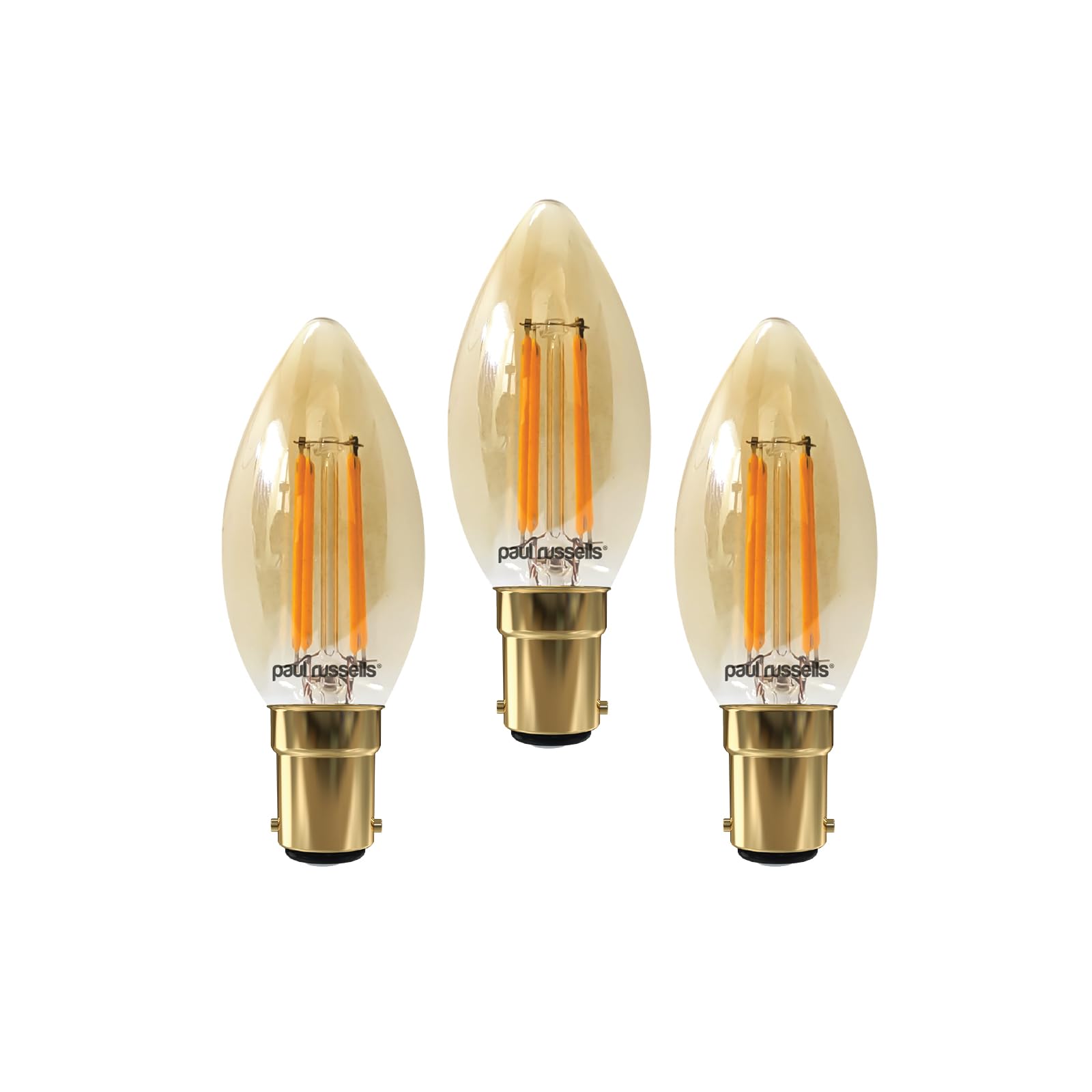 paul russells LED Candle Filament Light – 4.5W 35W Equivalent Replacement, 400LM Lumens, 2200K Extra Warm White, SBC B15 Small Bayonet Cap C35 Bulbs – Energy Saving Non-Dimmable Lamps - Pack of 3