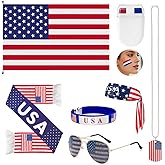 2026 USA Fan Kit - Patriotic Supporter Set for Game Day, Watch Parties & National Celebrations, Includes American Flag Scarf, Headband, Wristbands, Face Paint, Necklace, Sunglasses （7-piece set）