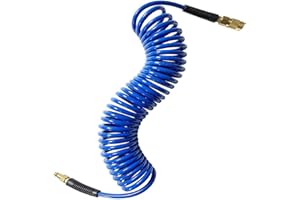 SANFU Polyurethane(PU) Recoil Air Compressor Hose 1/4" Inner Diameter by 25' Long with Bend Restrictor,1/4” MNPT Fittings Brass Quick Coupler and Plug, Dark Blue(25')