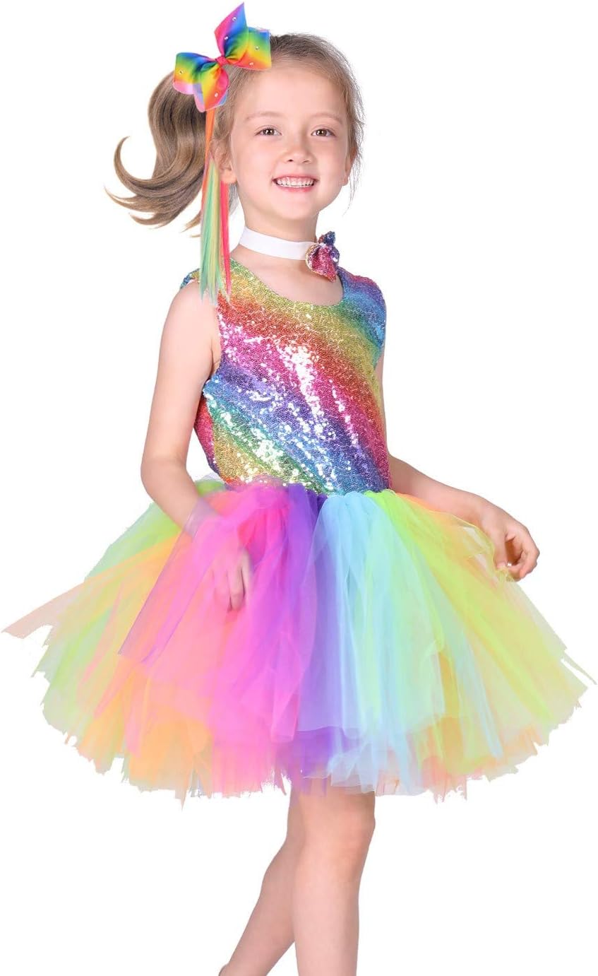 familus Rainbow Tutu Dress with Bowtie&Rainbow Wigs for Girls Sequin Tutu Dress Costume for Kids Party