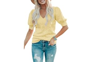 Foshow Womens Puff Short Sleeve Sweater Tops Summer Lightweight Loose Knit Pullover Shirts Blouses
