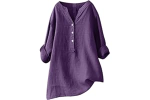 HFYIHGF Casual Linen Blouses for Women Long Sleeve V Neck Button Up Shirts Comfy Loose Tunics Blouses Ladies Linen Blouse Top