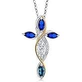 Cross Necklace For Women In 925 Silver and 10K Yellow Gold with Moissanite and Created Sapphire and London Blue Topaz | 1.45 Cttw | Jesus Christian Religious Crucifix | Marquise 8X4MM | 18 Inch Chain